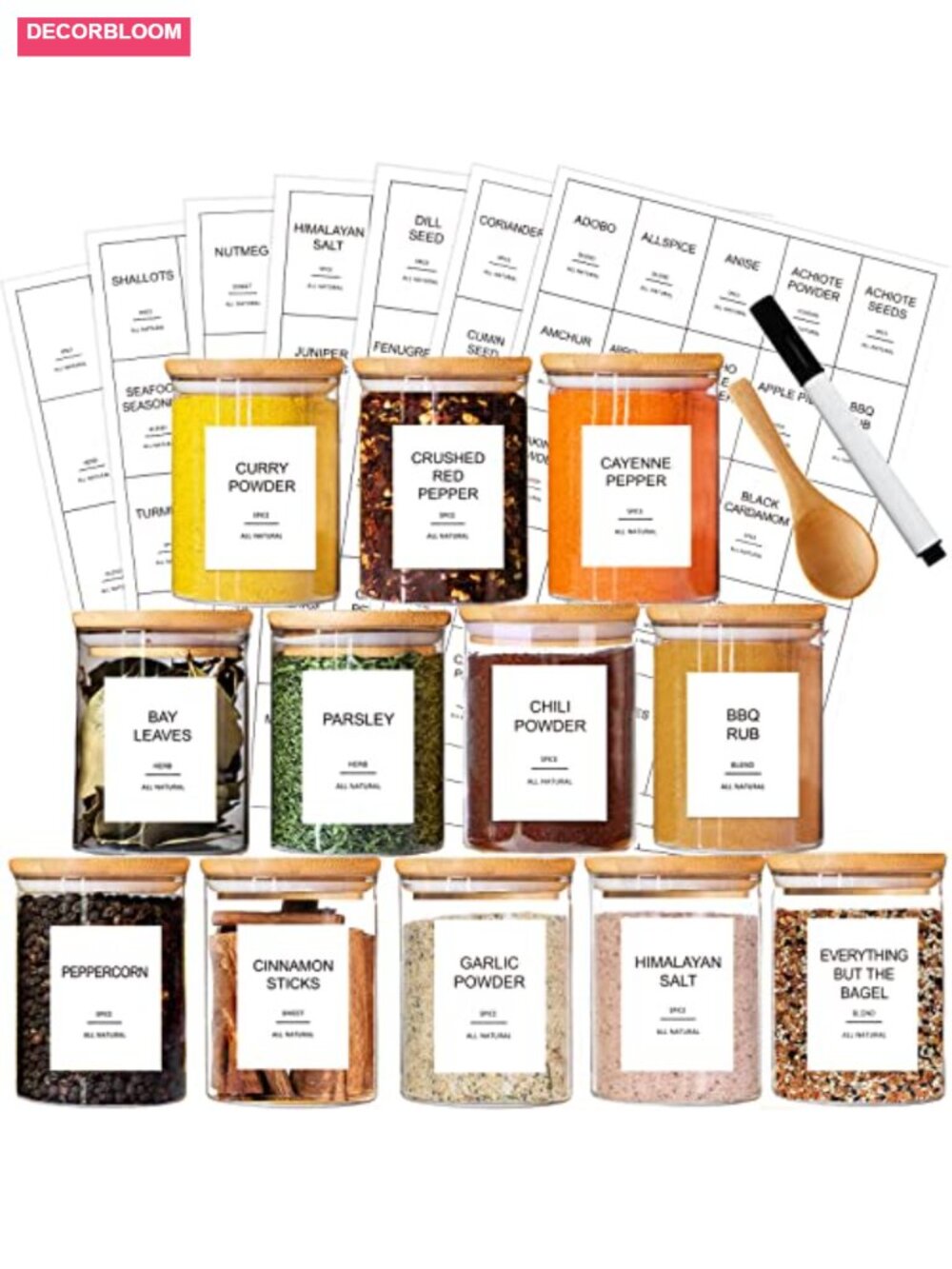 12 Pcs Glass Spice Jars with Bamboo Airtight Lids and Labels